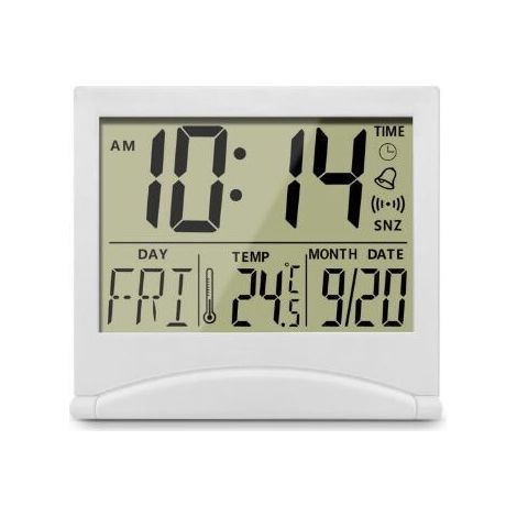 Foldable Digital Alarm Clock, LCD Digital Clock with Backlight - Desk Clock with Day, Date and Temperature - Calendar Clock with Date and Time - White