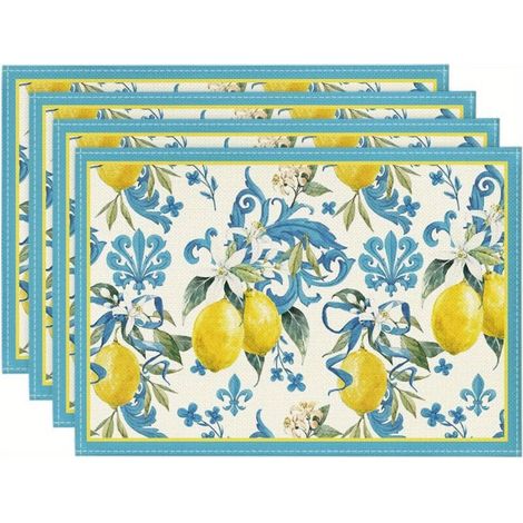Set di 4 tovagliette con motivo limoni, 30 x 45 cm, lavabili, tovagliette estive con limoni, decorazione blu, tovagliette con limoni per tavolo da pranzo, vacanze, feste (1/4)