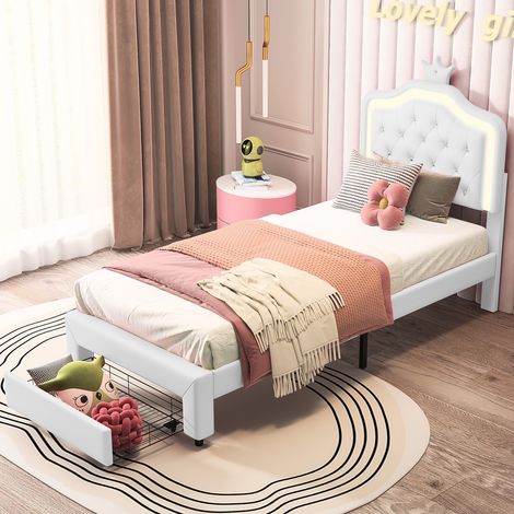 Einzelbett 90x200 cm – mit LED-Kopfteil – kronenförmigen Knöpfen – 2 Schubladen – gepolstertes Bett 90x200 cm – Lattenrost – Kinderbett 90x200 cm – Weiß