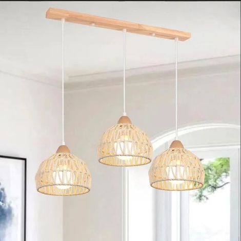 Lampe Suspension Vintage Industriel Lustre en Bois Rotin Blanc E27 Luminaire Eclairage Design Cage Rétro pour Salon Chambre (1/5)