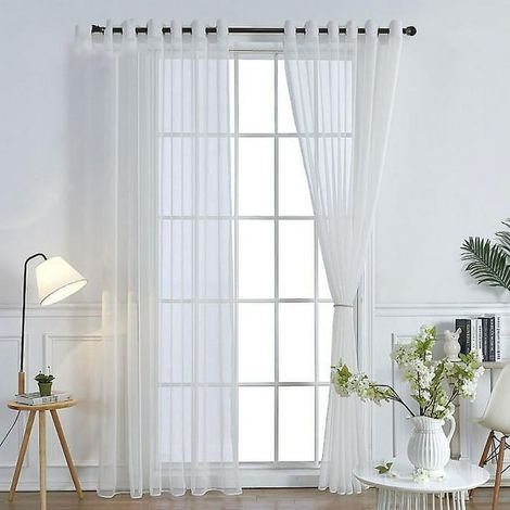 Voile Blanche à Œillets avec Motif Croisé - Rideau Léger et Lumineux pour Décor de Maison, Filtre de Lumière Doux (1/4)