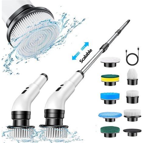 Brosse de nettoyage électrique sans fil – 8 têtes remplaçables – Longueur réglable 31 à 140 cm – Étanchéité IPX7 pour salle de bain et cuisine (1/5)