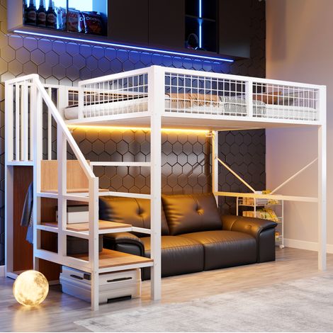 Lit mezzanine 140x200 cm en métal blanc avec rangement, sans matelas FloraGrace (1/5)