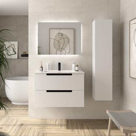 Mueble de Baño LENI 80cm Blanco Mate 2 cajones Lavabo 1 poza Porcelana (1/5)