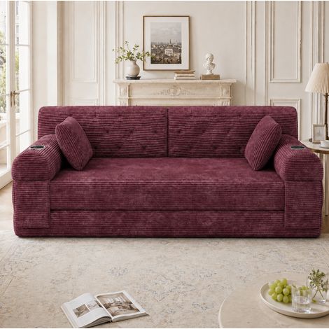 Divano letto 168x80x81 cm bordeaux, 4 tasche, velluto a coste, senza montaggio MEUBLIV (1/5)