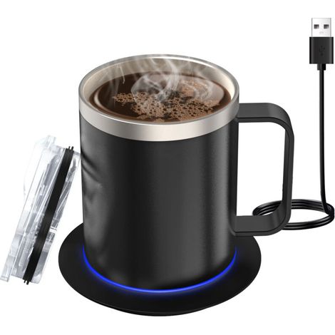 Chauffe-tasse à café avec couvercle, chauffage automatique 131-149 °F Température constante intelligente 12,3 oz Chauffe-tasse à boisson en acier inoxydable à double paroi