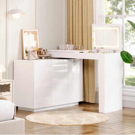 Tocador esquinero giratorio con espejo LED, blanco brillo 100 x 40 x 80 cm (1/5)