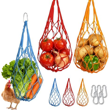 Juego de 6 redes colgantes para alimentos de pollos y verduras, con ganchos, accesorios para pollos, bolsa de nailon, juguete para patos, gansos y pájaros. (1/5)