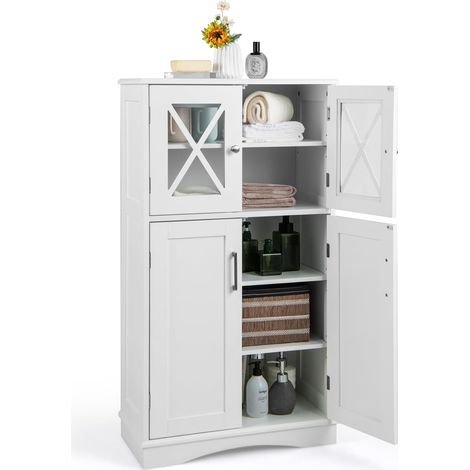 COSTWAY Badezimmerschrank Holz Unterschrank Weiß Beistellschrank mit 4 Türen und verstellbare Regalebene für Wohnzimmer, Küche, Flur 60 x 30 x 108 cm (1/5)