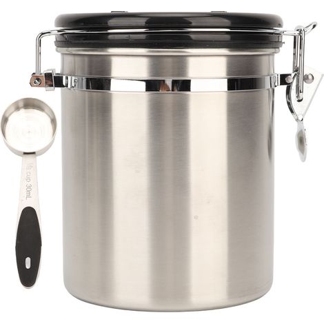 Bocal hermétique en acier inoxydable pour grains de café, boîte de conservation alimentaire de cuisine 1,2L avec valve de dégazage et cuillère (1/5)