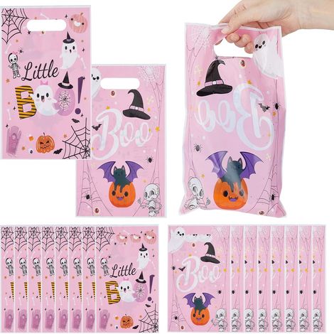 60 bolsas para regalos de fiesta de Halloween, lindas bolsas de plástico para dulces con diseño de fantasmas, bolsas de regalo de fantasmas rosas, bolsas para galletas a granel para fiestas de Hallowe (1/5)