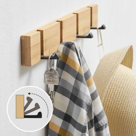 Porte-manteau mural avec 4 crochets rétractables, idéal pour suspendre manteaux, écharpes, sacs à main et autres accessoires, de couleur naturelle.