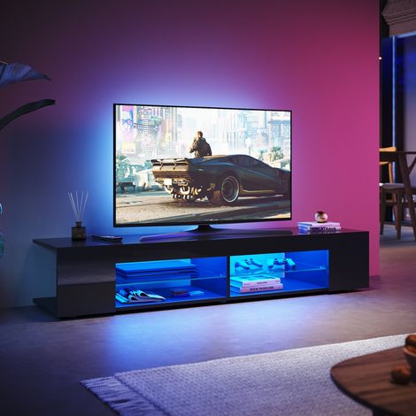SONNI Modern TV Schrank mit LED-Lichtern, Offenes Glasregal, Hochglanz TV Board Geeignet für Wohnzimmer und Schlafzimmer, Schwarz, 1600 x 390 x 300 mm (1/5)