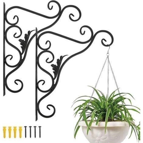 Support Plante Mural Balcon, Lot de 2 Rétro Européen Forme de Feuille, Crochet de Suspension en Fer Forgé, pour Lanternes à Paniers avec Vis, Décor Extérieur pour Balcon de Jardin - Noir Peint (1/4)