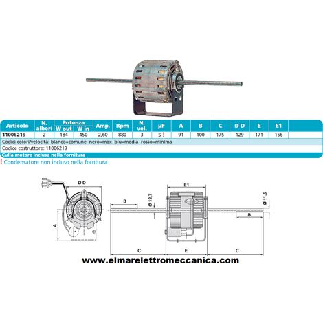 RPM 11006219 Motore 450 W BIALBERO 3 Velocità aspiratore Fan Coil