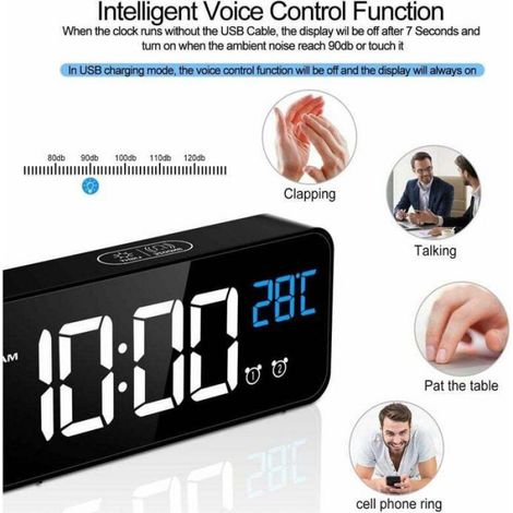 Réveil Numérique, Horloge Digitale Réveil Matin Miroir LED Grand Ecran Aver Température/Snooze/ 2 Alarme, Luminosité (1/5)