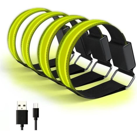 Lot de 4 Brassard réfléchissant LED Lumineux Rechargeable USB Réglable pour Courir Cyclisme Sports, Jaune (1/4)