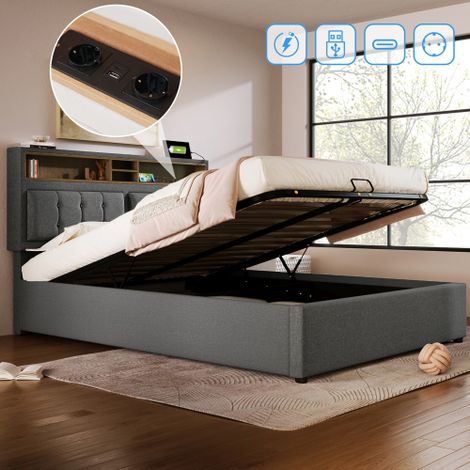 Lit convertible double avec prise USB-C et fonction de charge, tête de lit, lit avec rangement, cadre de lit en tissu de lin, lit pour adolescent 160x200 avec sommier (avec matelas)