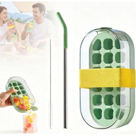 Bouteille à glaçons portable 2 en 1 avec bac à glaçons et bouteille d'eau intégrés, sans contact, facile à transporter, idéale pour les vacances d'été (verte) (1/5)
