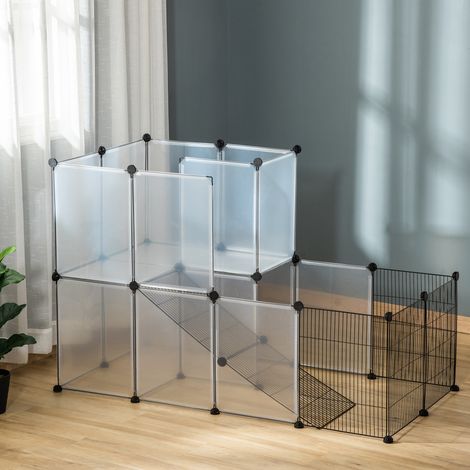 PawHut Kleintierkäfig, Haustier-Laufstall mit 27 Paneelen und anpassbarer Form für Meerschweinchen, Kaninchen und Chinchillas, 140 x 70 x 90 cm, transparent