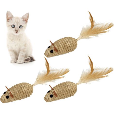 Katzenspielzeugmaus – Leinenseil, Hühnerhaar, Sand und Kies – lustiges Katzenspielzeug – verspielte Katzenmaus – interaktives Katzenspielzeug – Kauspielzeug zur Zahnhygiene – 3er-Set