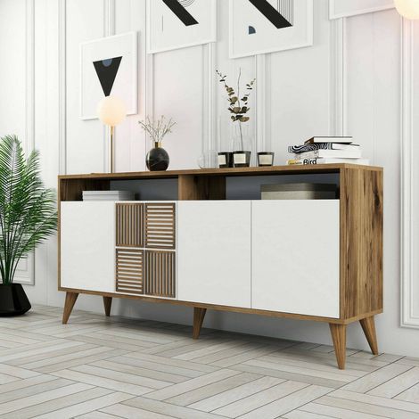Dmora - Console Scorpio, Table polyvalente, Armoire de rangement, Bureau du couloir, 160x35h79 cm, Noyer et Blanc, avec emballage renforcé (1/5)