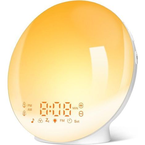 Eveil Lumière LED Radio Réveil Matin Lumineux Lampe de Chevet 20 Niveaux de Luminosité Simulateur d'Aube et Crépuscule 2 Réveils 7 Sons Naturels Fonction Snooze Veilleuse Enfant 11 Couleurs (Jaune) (1/4)
