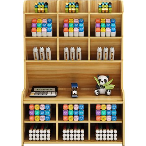 Range de bureau bois multifonction 9 compartiments inclinés et 6 compartiments à fond plat Organisateur stylos crayons matériel scolaire bureau maison dimensions 20.6x15x28cm marron (1/5)