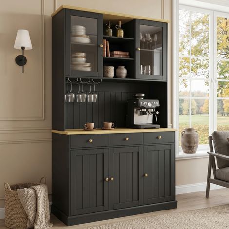 Buffet haut 120x40x191 cm - Portes vitrées et tiroir - Prise et USB-A/USB-C intégrés - Porte-verres - Poignées noires et dorées (1/5)