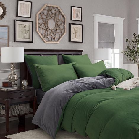 Parure de lit d'hiver en peluche chaude 220 x 200 cm - 3 pièces - Vert sauge et gris - Housse de couette flanelle polaire - Toucher moelleux et chaud - 1 housse de couette avec fermeture (1/5)