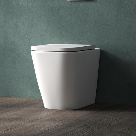 Bathroom Rimless Back to Wall Toilet Modern UF Slim Soft Close Seat Ceramic Square Pan White WC