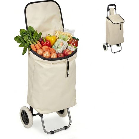 Relaxdays Foldable Shopping Trolley, Removable Bag 28 L, Trolley with Wheels, H x W x D 92.5 x 42 x 28 cm, beige