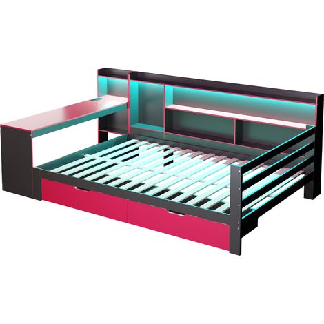 Cama multifunción 140 x 200 cm con escritorio, estanterías, cajones y LED negra roja (1/5)