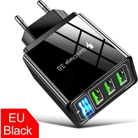 Chargeur - QC 3.0 - Noir - Charge rapide - Protection surintensité - Adaptateur USB Hub LED (1/4)