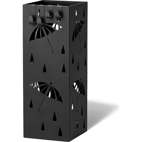 VOUNOT Metal Umbrella Stand, Freestanding Holder with Drip Tray & 4 Hooks, Black
