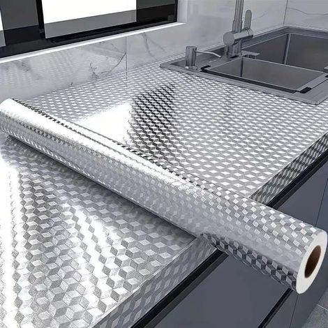 1 rouleau de papier aluminium cuisine résistant chaleur - autocollant mural étanche anti-huile pour crédence, tiroir - nettoyage facile, moderne (1/4)