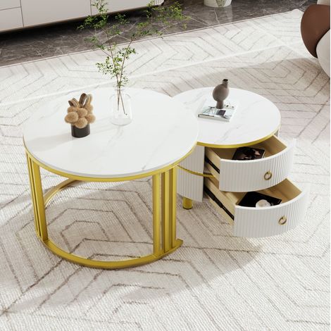 Mesa centro redonda 2 piezas con cajones MDF blanca OKMYHOME (1/5)