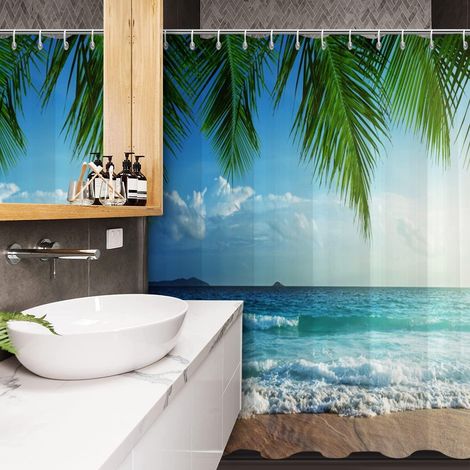 Rideau De Douche - Polyester Imperméable - Motif Plage Océan Palmiers Tropicaux - 183 x 183 cm - 12 Crochets Inclus (1/4)