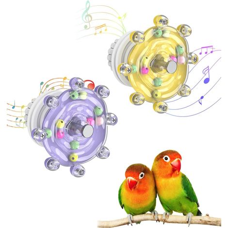 Lot de 2 jouets pour perruches, roues colorées à mâcher - jouets interactifs avec hochet - accessoires pour cages, pour divertir et stimuler l'activité de mastication des oiseaux. (1/5)