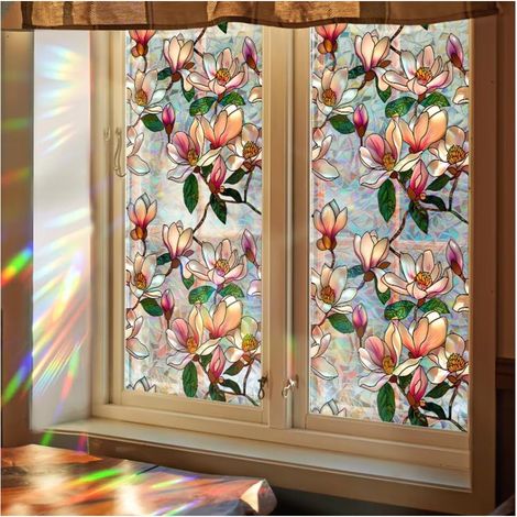 Film adhésif décoratif pour vitres à motif floral, effet vitrail, arc-en-ciel, anti-UV et statique (Lotus) - 1 pièce