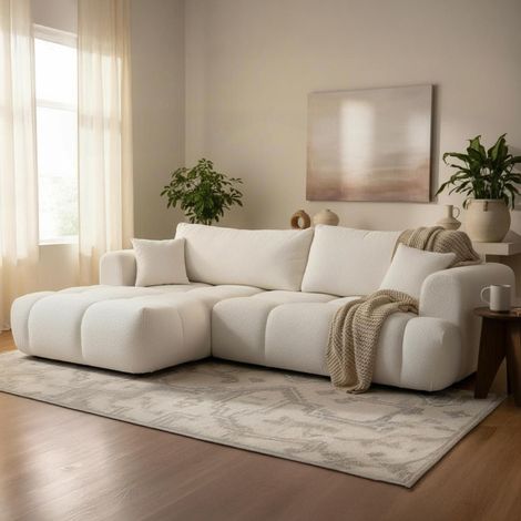 CLOUD - Canapé d'angle convertible en tissu bouclette beige - Angle gauche