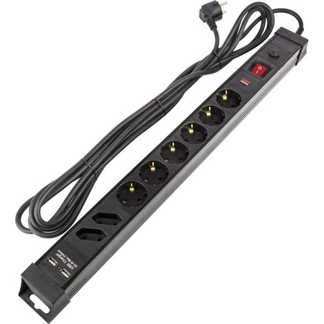 Ledkia – Bloc multiprises 6 prises Type F Schuko EU – Protecteur de surtensions – 2 prises Type C – 2 ports USB 5m – Câble flexible noir (1/4)