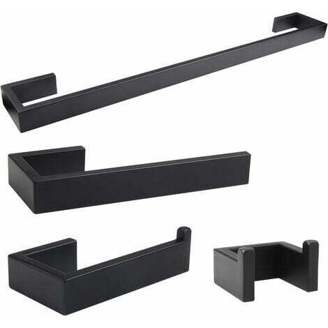 Ensemble de 4 accessoires de salle de bain en acier inoxydable 304 noir : porte-serviettes de 40 cm, porte-papier toilette, porte-serviettes de 14 cm et crochet porte-serviettes. (1/4)
