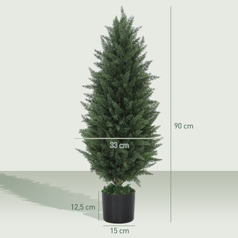 Lot de 2 cyprès artificiels, 831 feuilles, pot en ciment, résistants aux UV, 90 cm, verts (1/5)