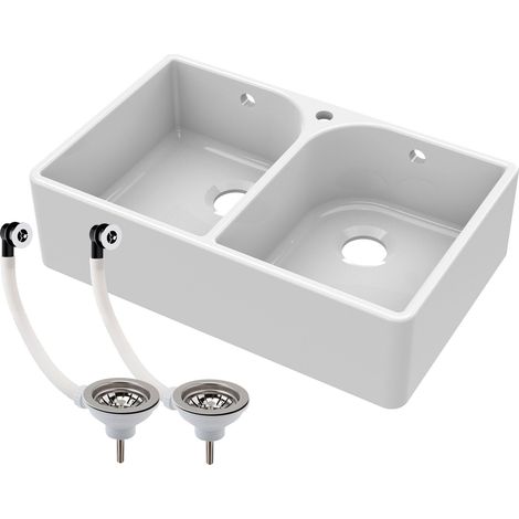 Double Bowl Fireclay Ceramic Butler Kitchen Sink with Full Weir, Overflows & Wastes (1/5)