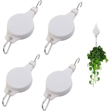 Lot de 4 crochets rétractables pour poulie pour plantes d'intérieur et d'extérieur, pots de fleurs, paniers de jardin et mangeoires à oiseaux Blanc (1/5)