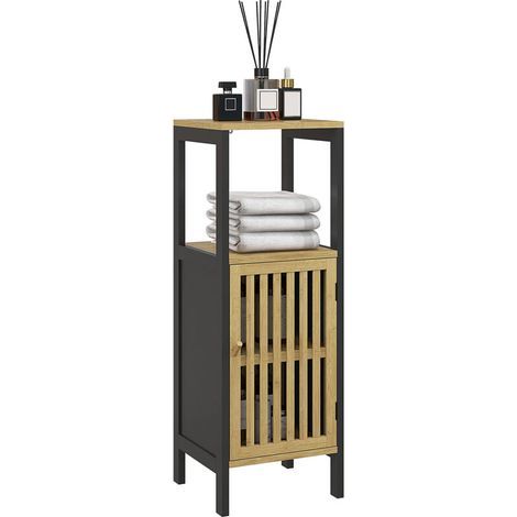 Meuble bas de salle de bain en bambou avec placard 1 porte niche ouverte 32 x 30 x 90,5 cm, noir et bois (1/5)