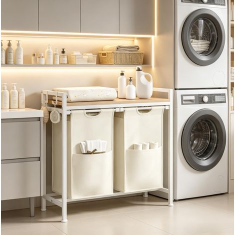 Mueble para ropa sucia con 2 compartimentos, 70 x 71 x 30 cm, roble claro y blanco HAVRYA (1/5)