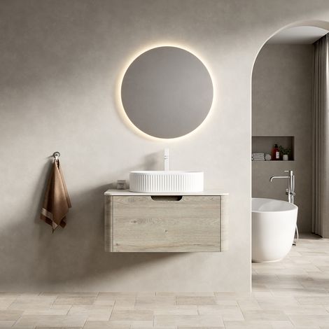 Mueble de baño suspendido 80 cm con lavabo ovalado blanco, encimera travertino y cajón (1/5)