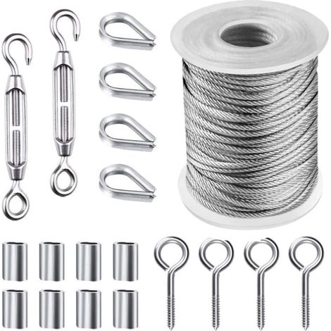 HGYCPP Kit de fil de jardin/fil pour tableau/treillis métallique 50 pieds, câble en acier inoxydable robuste avec revêtement en PVC, vis tire-fond, 19 pièces (1/4)